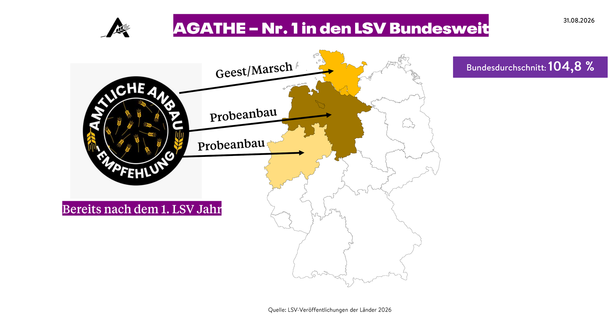 Karte: Empfohlene Anbauregionen von AGATHE nach dem ersten LSV-Jahr