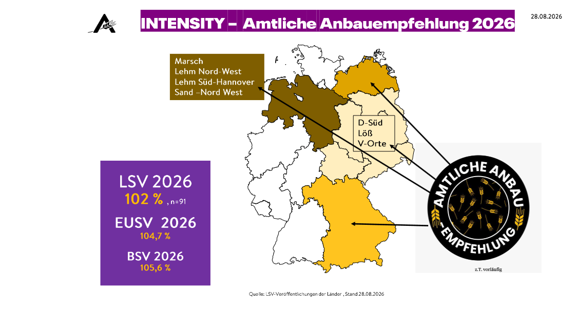 Karte: Amtliche Anbauempfehlung INTENSITY 2026 nach Anbauregionen